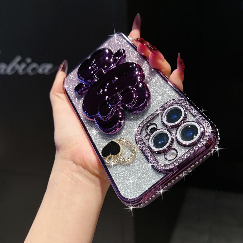 Applicable to iPhone17 mobile phone case electroplated rhinestone glitter Apple 16 rabbit mirror holder 15 crystal bracelet 14