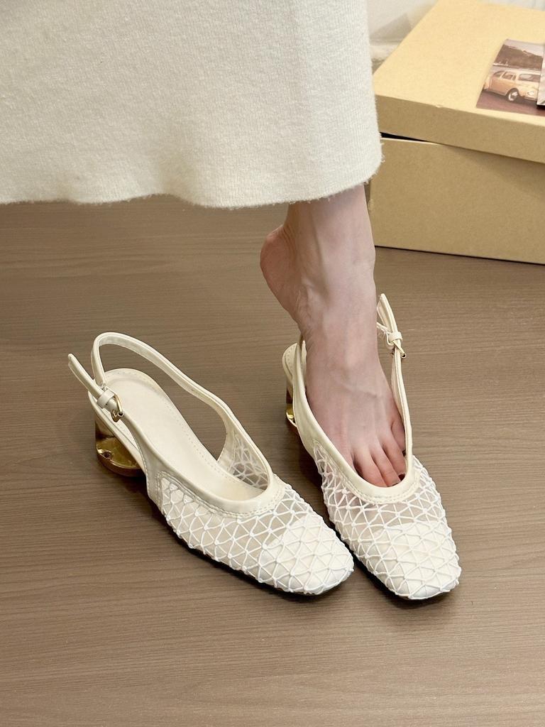 Modern heroine! Temperament square head woven bag head rear empty sandals women's spring 2025 crystal heel single shoes