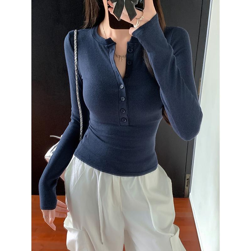 Women's Navy Blue Ribbed Knit Henley Neck Slim Long-Sleeve Patchwork Top