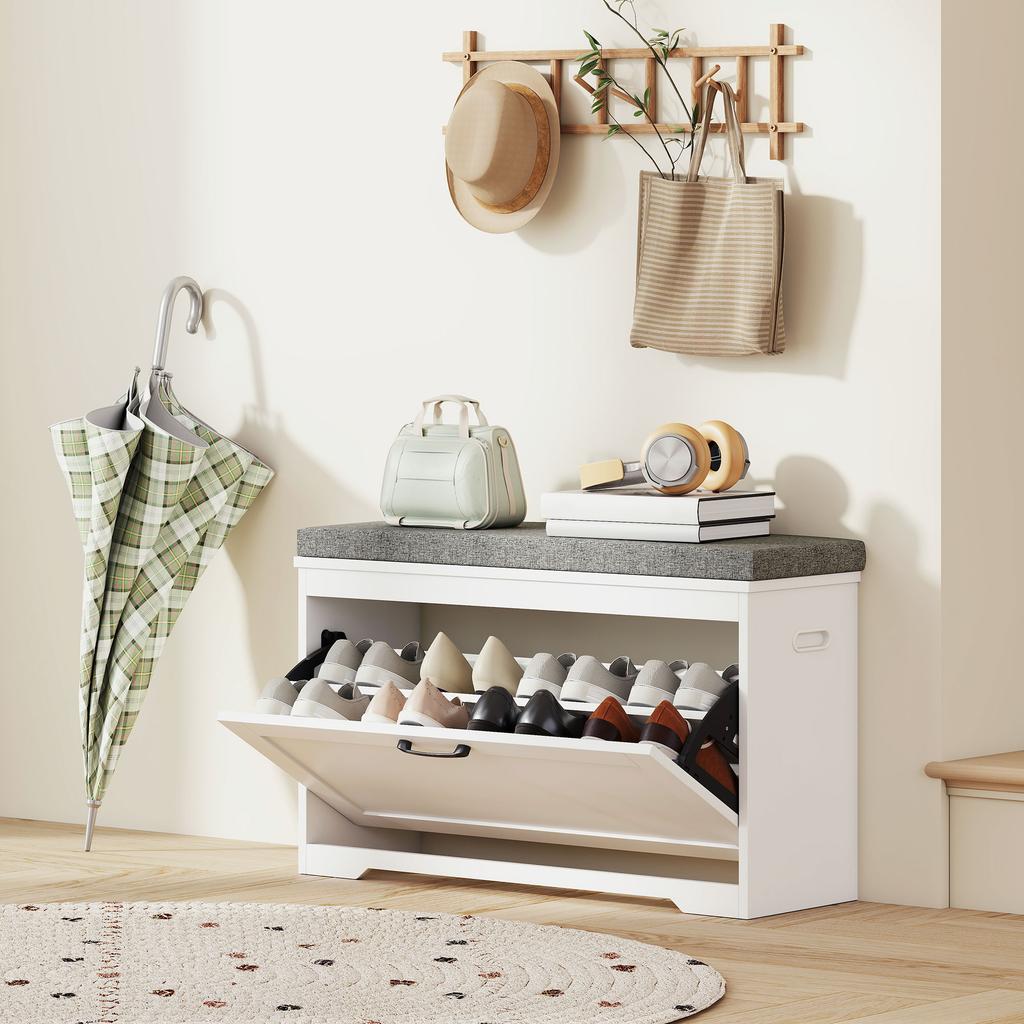 Panca moderna per scarpe con seduta imbottita e ripiano regolabile per 8 paia di scarpe per ingresso 80x30x50 cm Bianco