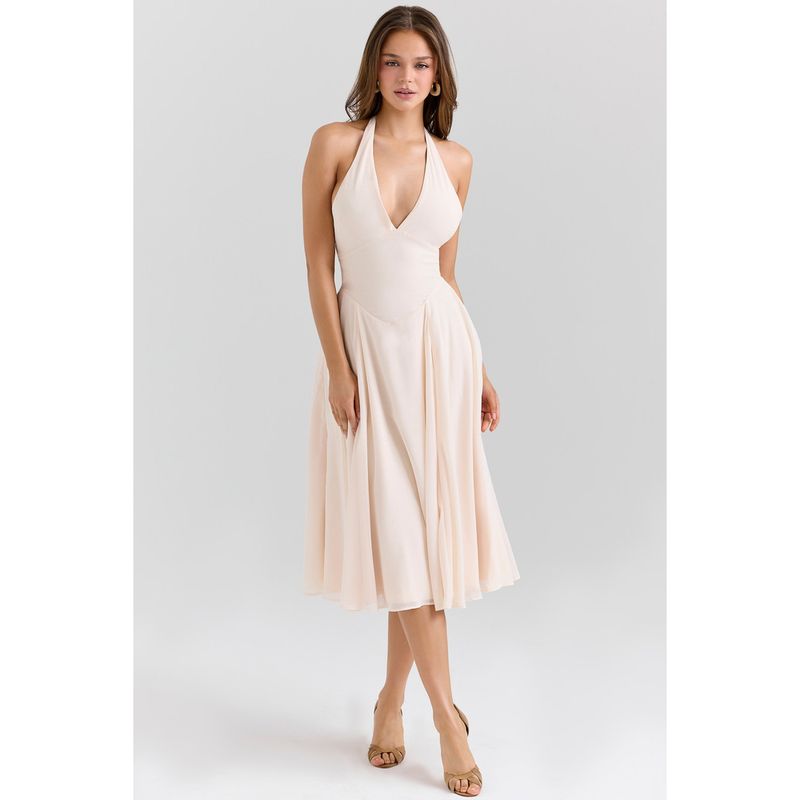 Jasmine Style Light House Same Style Beautiful Fresh Temperament Sexy V-neck Backless Hanging Neck Waist Hugging Vacation Dress