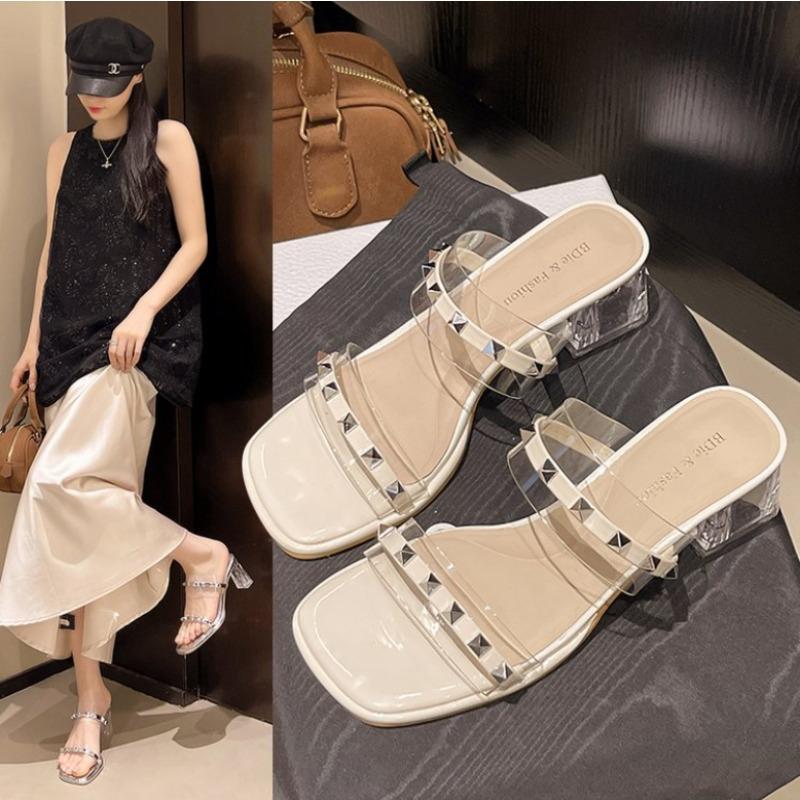 Butterfly-Knot Med Shoes Woman 2025 Glitter Slides Slippers Casual Square Heel Pantofle Jelly Luxury Block New Butterfly-knot