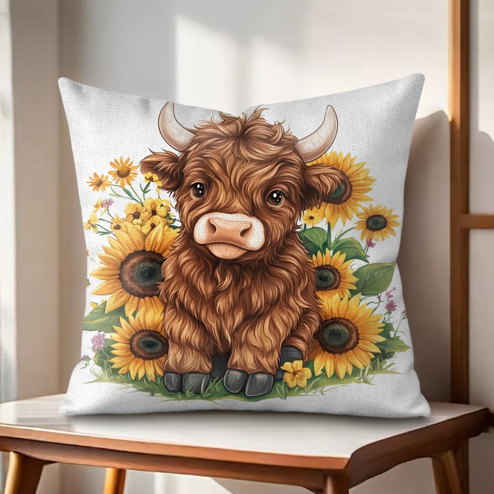 Cute Highland Cattle Cushion Cover Natural Linen Organic Fabric DoubleSided Printing Couch Pillow Covers Home Decor Gift
