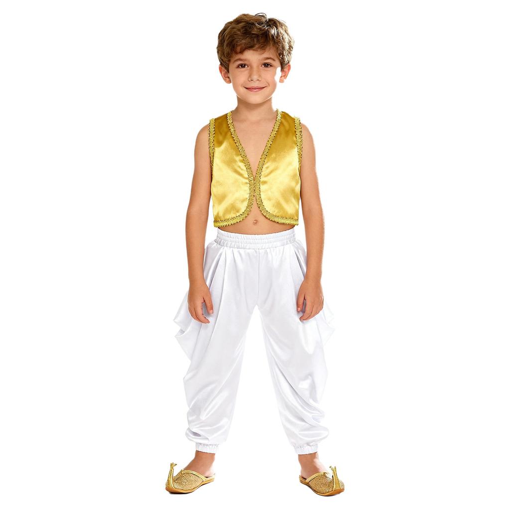 Kinder 2-teilige arabische traditionelle Kleidung Offene Weste mit goldenem Besatz und lockere Hose mit elastischem Bund für Karneval Kostüm