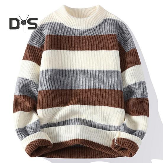 Fall Winter Men Sweater Half-high Collar Thickened Knitted Warm Loose Colorblock Loose Long Sleeves Pullover Daily Wear Sport Sweater