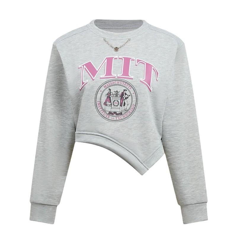 Women's Loose Printed Irregular Hem Short Women's Long Sleeve Sweatshirt