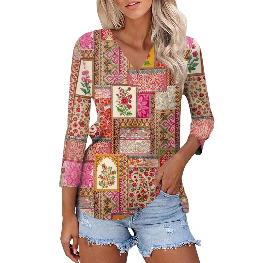Women's Casual Fashion Sexy Comfortable V-neck Floral Three-quarter Sleeve Top