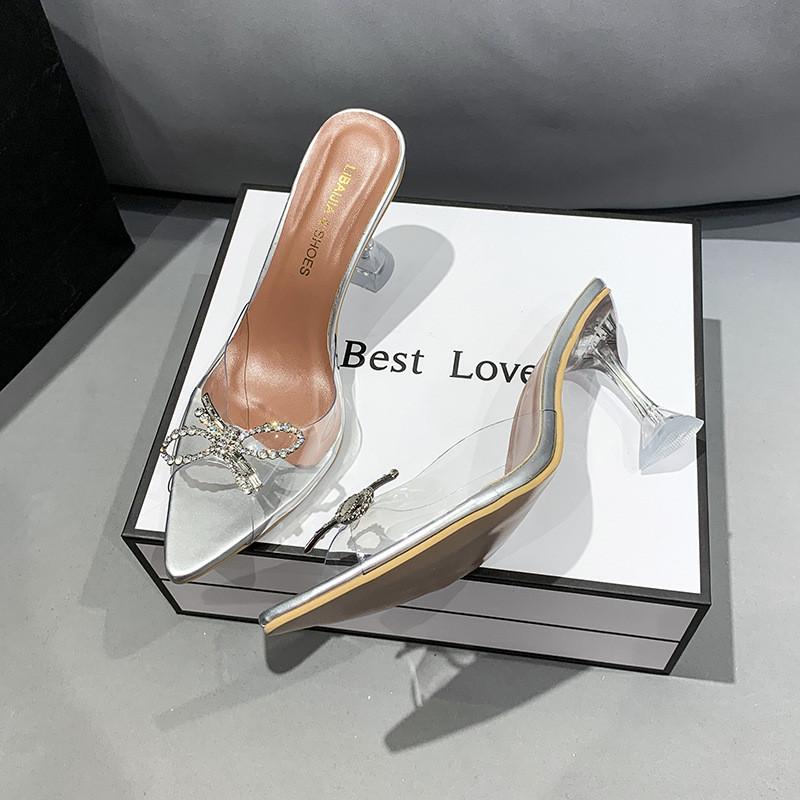 European Style Crystal Bow Tie Strap High Heels For Women With Pvc Upper And Rubber Sole