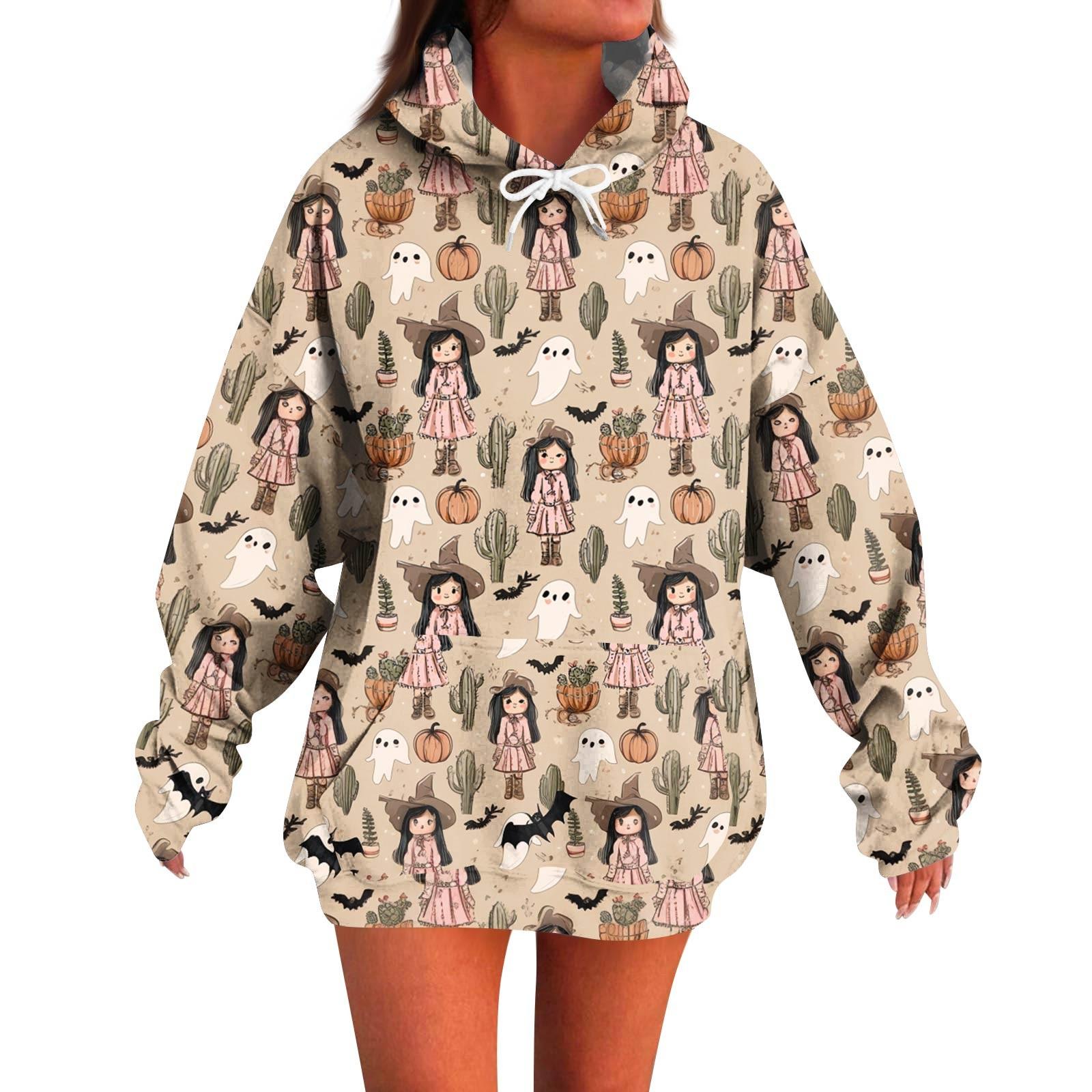 

Женское модное повседневное худи с длинным рукавом и принтом на Хэллоуин S хаки