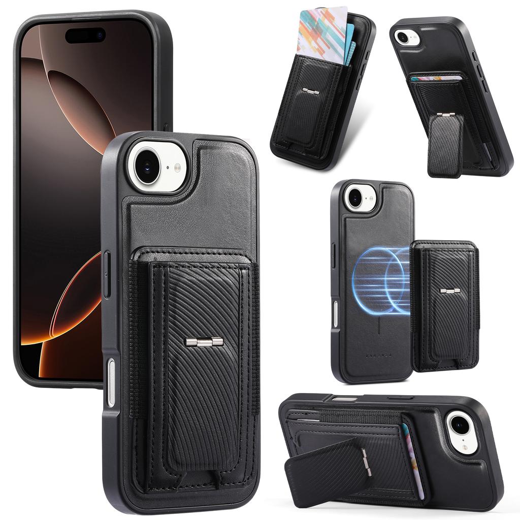 CASENEO For iPhone 16e Case with Foldable Kickstand TPU PU Leather PC Card Bag Magnetic Phone Cover  Compatible with MagSafe