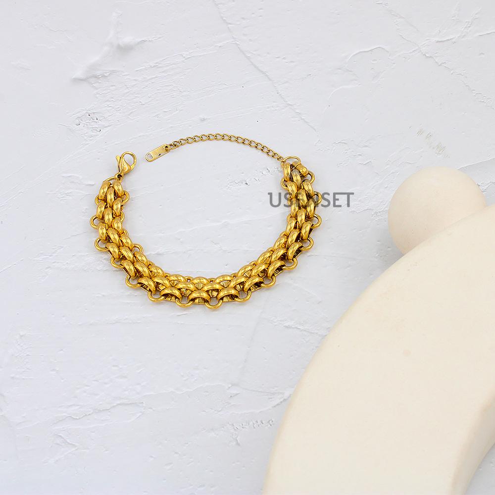 18K Goldplattierter Titanstahl Geflochtene Halskette Armband - Damen Cross-border Hip Hop Schlüsselbein Kette mit Vakuum Farbhaltigkeit