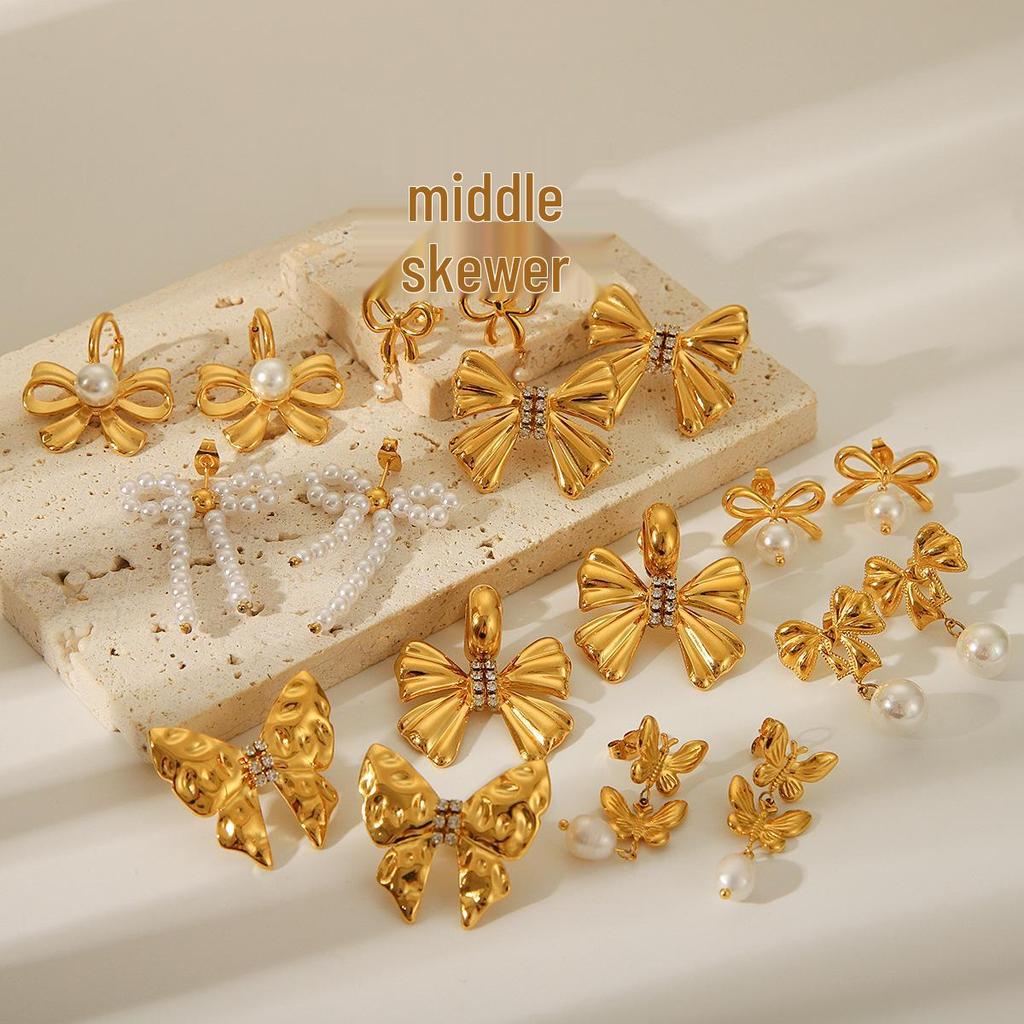 18K Gold French-Style Bow Studs with Titanium Steel, Butterfly, and Pearl Accents