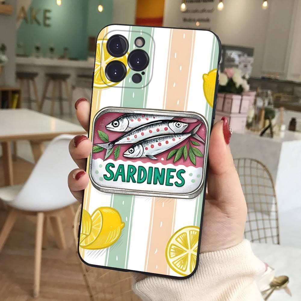 Silikonowe Etui na Telefon Sardynki Dla IPhone 11 12 13 14 15 16 17 Pro Max Czarne Pokrowiec