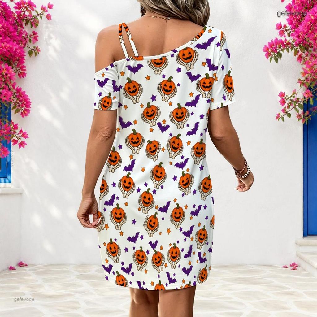 Women Plus Size One Shoulder Short Sleeve Loose White Halloween Printed Dress