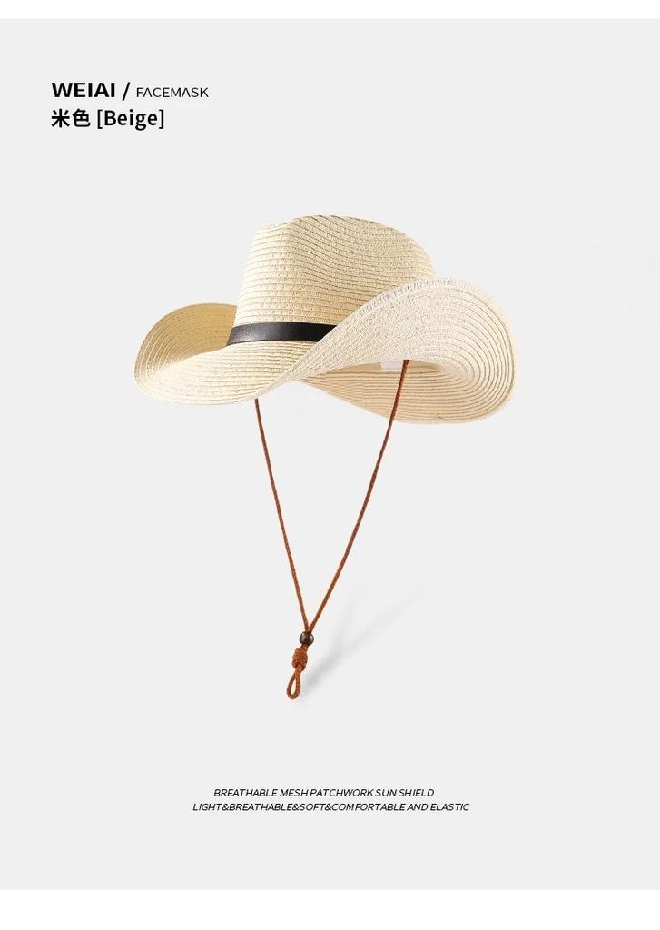 Straw Men's & Women's Adjustable Wide-Brim UV-Protective Cowboy Hat for Outdoor Hiking Summer