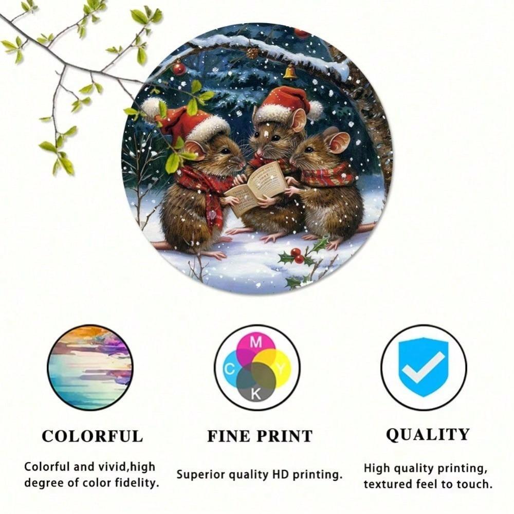 Vintage Christmas Mouse Tin Sign 8 Inch Round Waterproof Metal Plaque Pre Drilled Hole for Wall Hanging Indoor Outdoor Decor