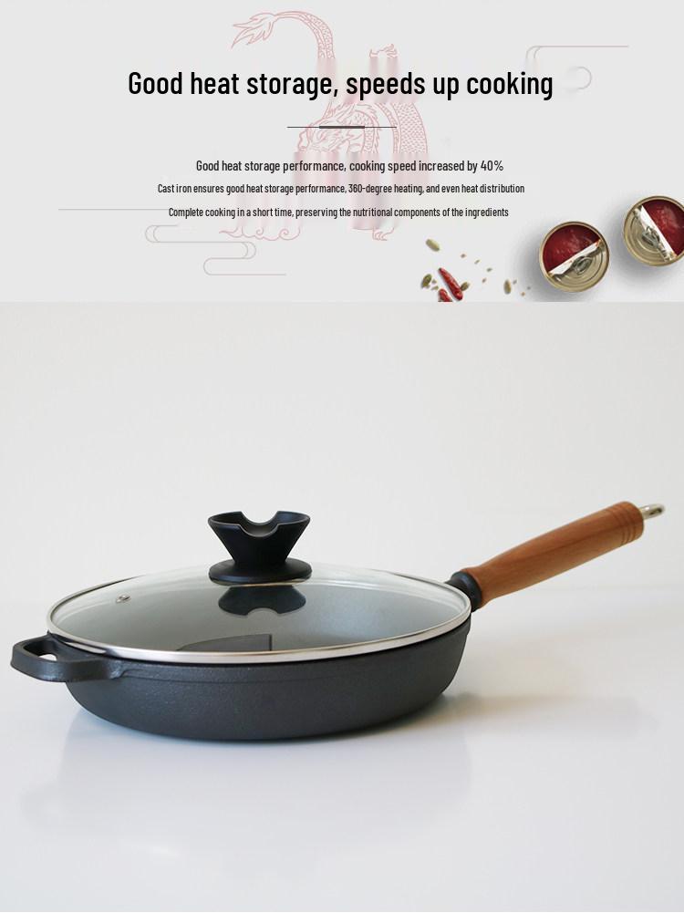 Uncoated Cast Iron Multi-Use Pan for Eggs, Pancakes, Steamed Buns, and Steak - Small Wok, Oil-Free Cooking.