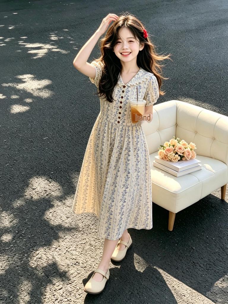 Girl's Elegant Blue & White Floral Lapel Summer Dress 2026