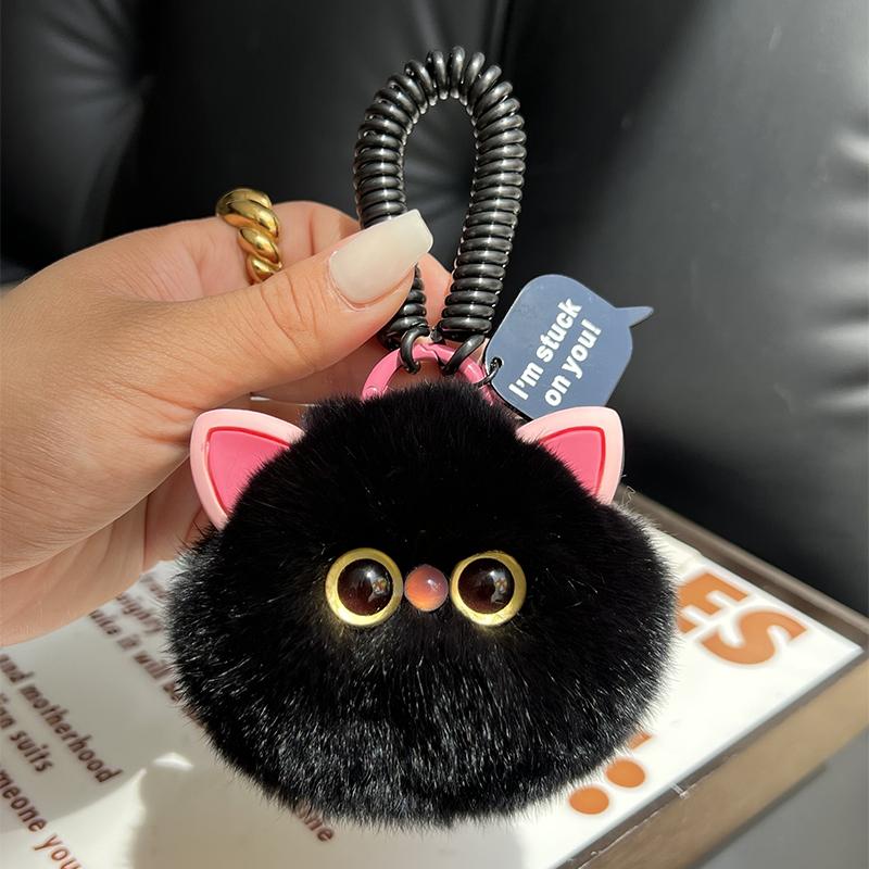 Real Rex Rabbit Fur Keychain Cute Cat Plush Ball Women Bag Ornaments Car Keyring Pendant Metal Trinkets Toy Girl Birthday Gift