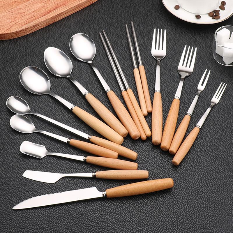 Japanese Stainless Steel Tableware Set, Wood Handle Set, Knife, Fork, Spoon, Fruit Fork, Chopsticks, Unibody Kitchen Set