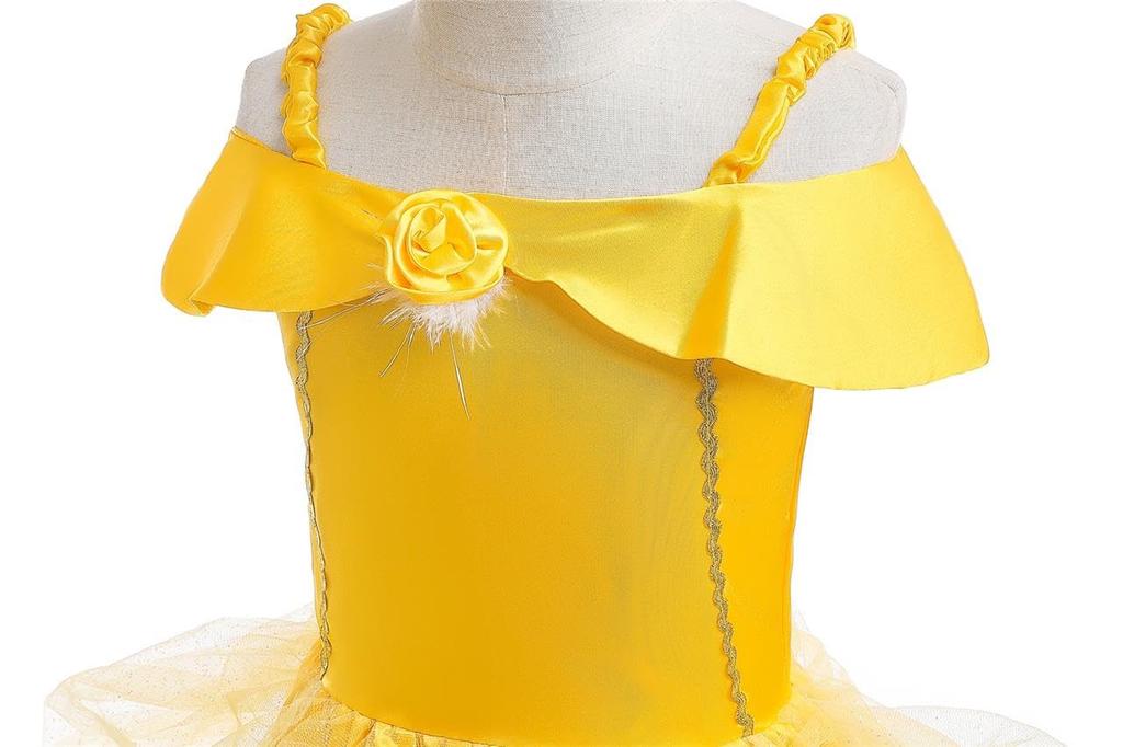 Girls Princess Dress Up Costume Yellow Costume Halloween Christmas Birthday Months Comes with Accessories Wand Gloves Rose Necklace Earrings [Dressy