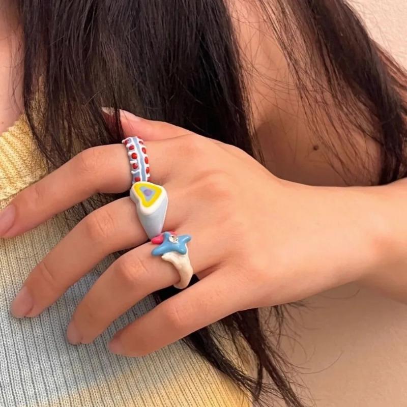 Boho Cute Romantic Macaron Color Love Heart Enamel Opening Rings for Women Charm Trendy Personality Y2K Finger Jewelry Girl Gift