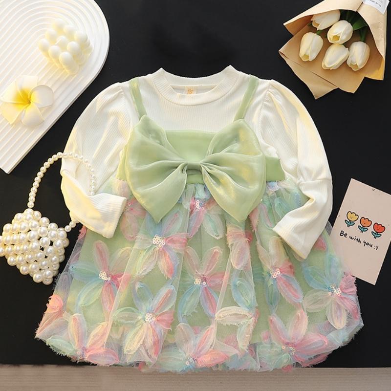Sukienki dla dziewczynek z kokardką, siateczką, długim rękawem, urocze tęczowe kwiatki, sukienki dla księżniczki, modne sukienki dla niemowląt, wiosna, jesień