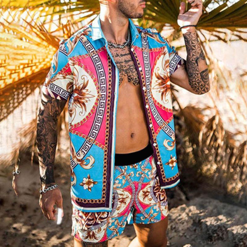 Modisches Sommer Herren Hawaiianischer Druck Lässig Streetwear Knopf Kurzarm und Badeshorts Zweiteiliges Set