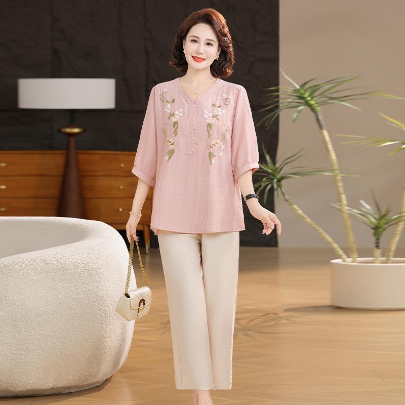 Elegant Summer Cotton Linen Set: Stylish 2026 Short-Sleeved Top for Middle-Aged and Elderly Women's Fashion