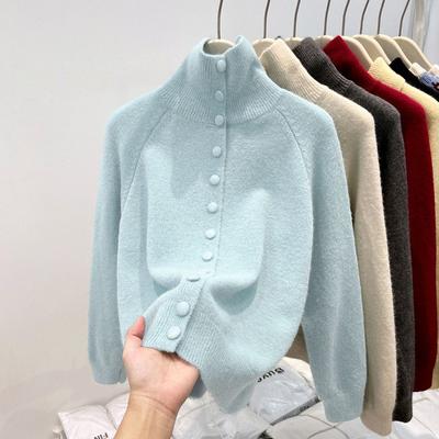 Olo Lapel Knitted Cardigan Sweater Women's Autumn and Winter Thickened Unique Super Good-looking Turtleneck Single-breasted Bottoming Top