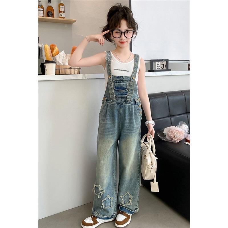  Kids Girls Denim Overalls Casual Wide Leg Star Embroidered Jumpsuit For Children