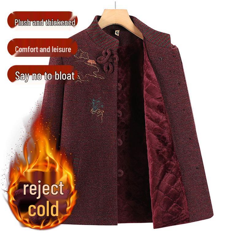 Embroidered Stand-Collar Tang Suit Top for Middle-Aged and Elderly Women, Plush-Lined Jacket for Spring, Autumn, and Winter.