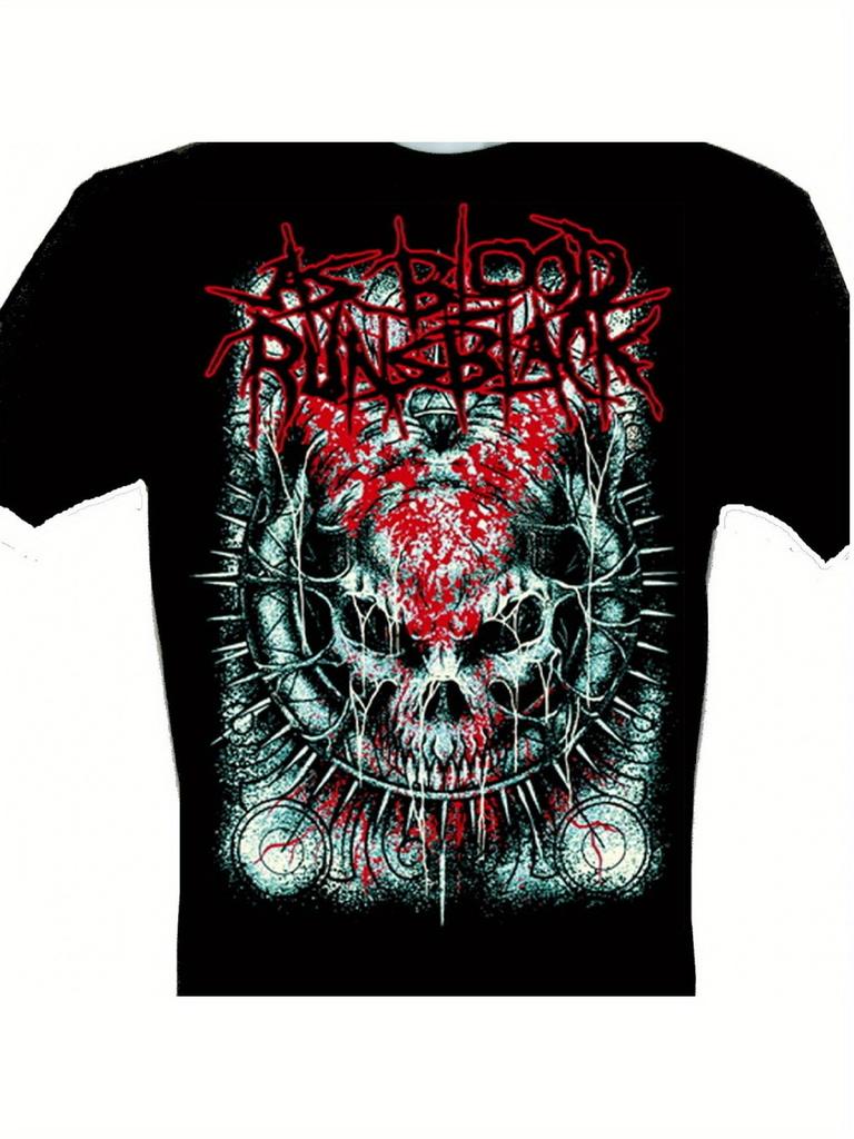 As Blood Runs Black Band Gothic Heavy Metal Graphic Tee - Black Shirt with Red Blood Splatter Skull & Thorn Crown Design - Soft Breathable 100% Cotton