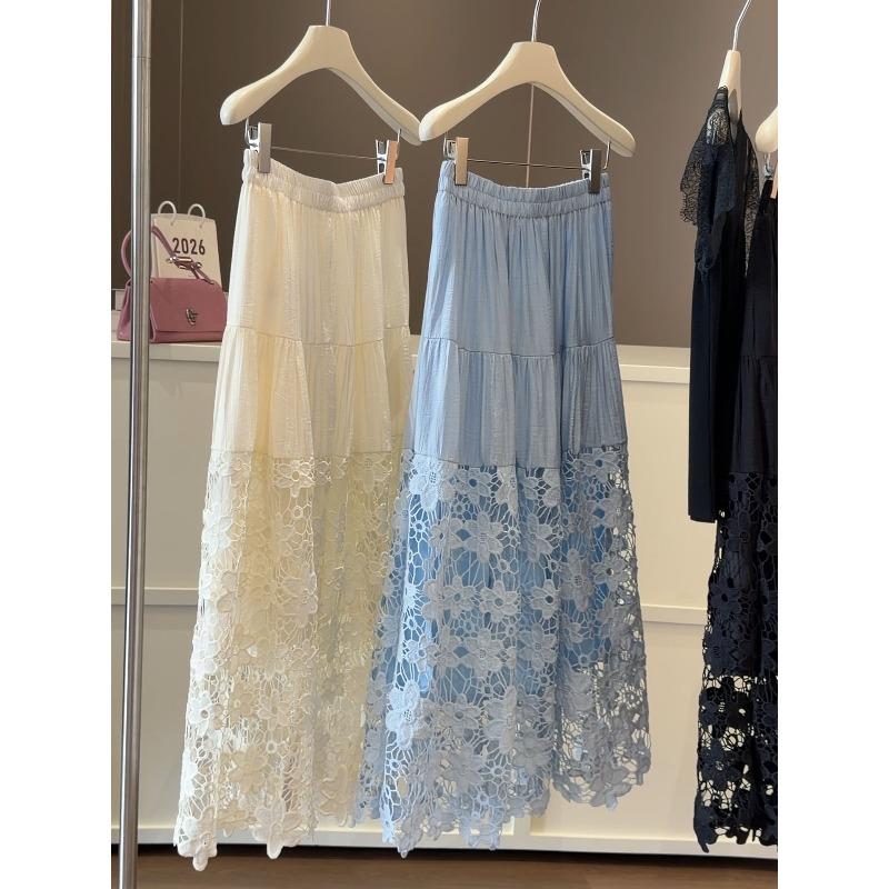 Lace Crochet A-Line Midi Skirt Hollow Patchwork Half Skirt Versatile Designer Women's Skirt JM2619