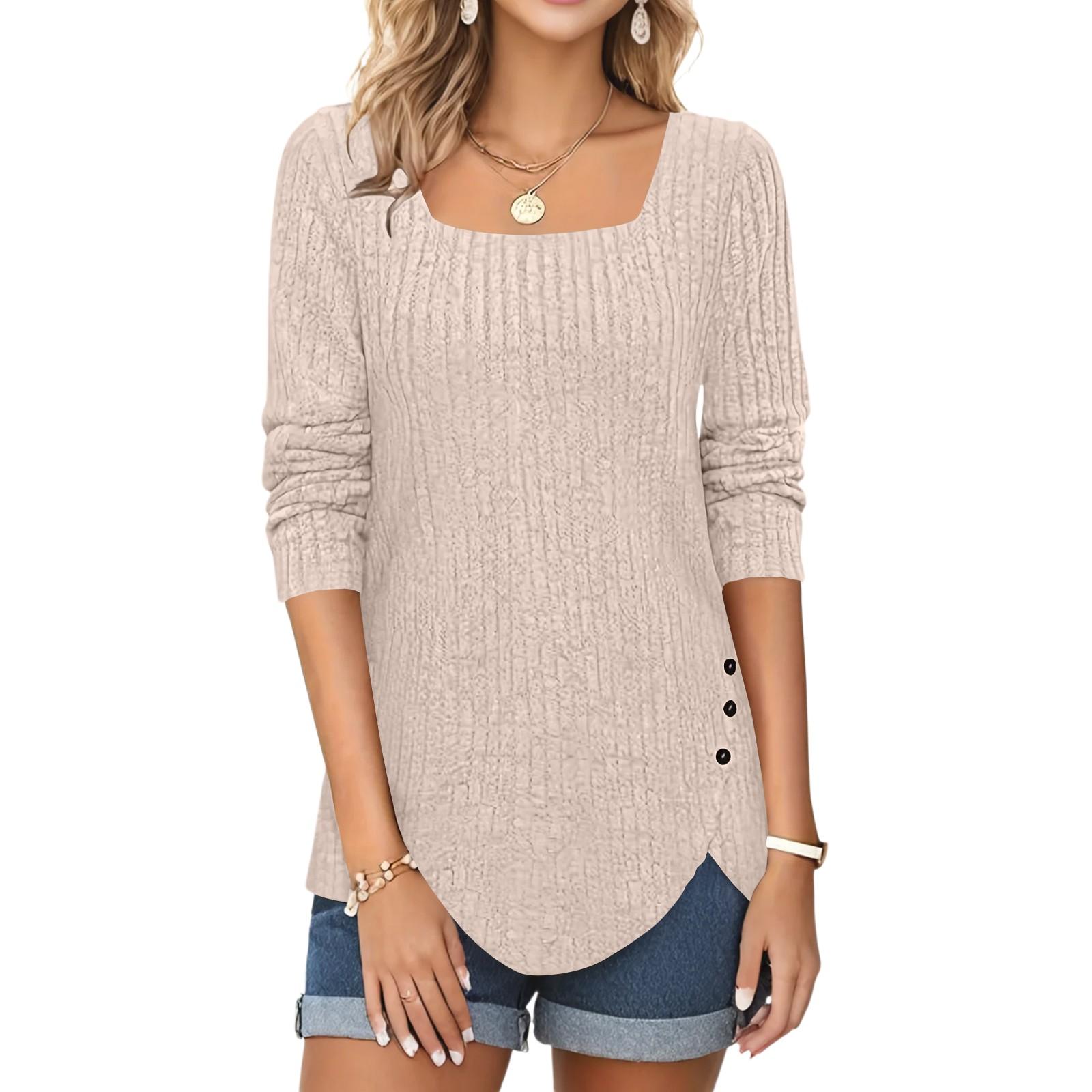 

Женская мода квадратный вырез однотонный флис длинный рукав декоративный пуговицы подола разрез топ XXL бежевый