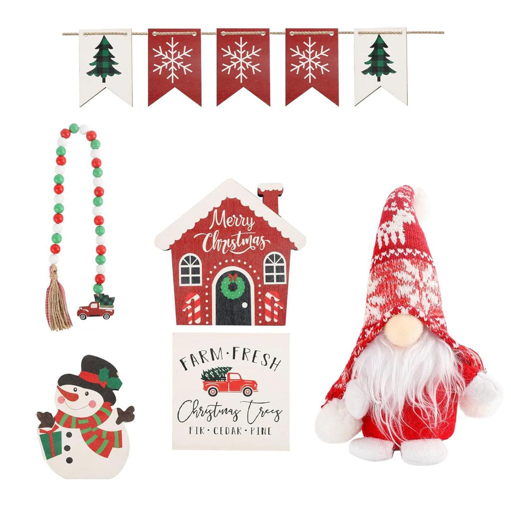 Christmas Dwarf Tiered Tray Decor with Beads String Festive Holiday Decorations Standing Signs for Winter Table Display