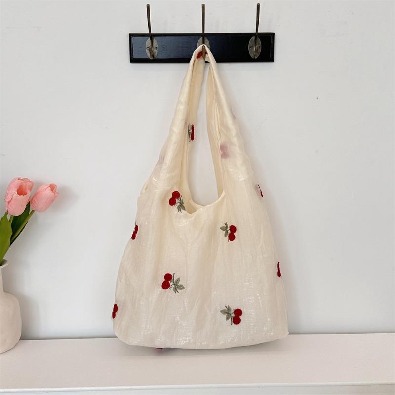 

Tulle Embroidered Cherry Large Capacity Student Shoulder Bag Women s Underarm Bag Commuter to Work Canvas Bag