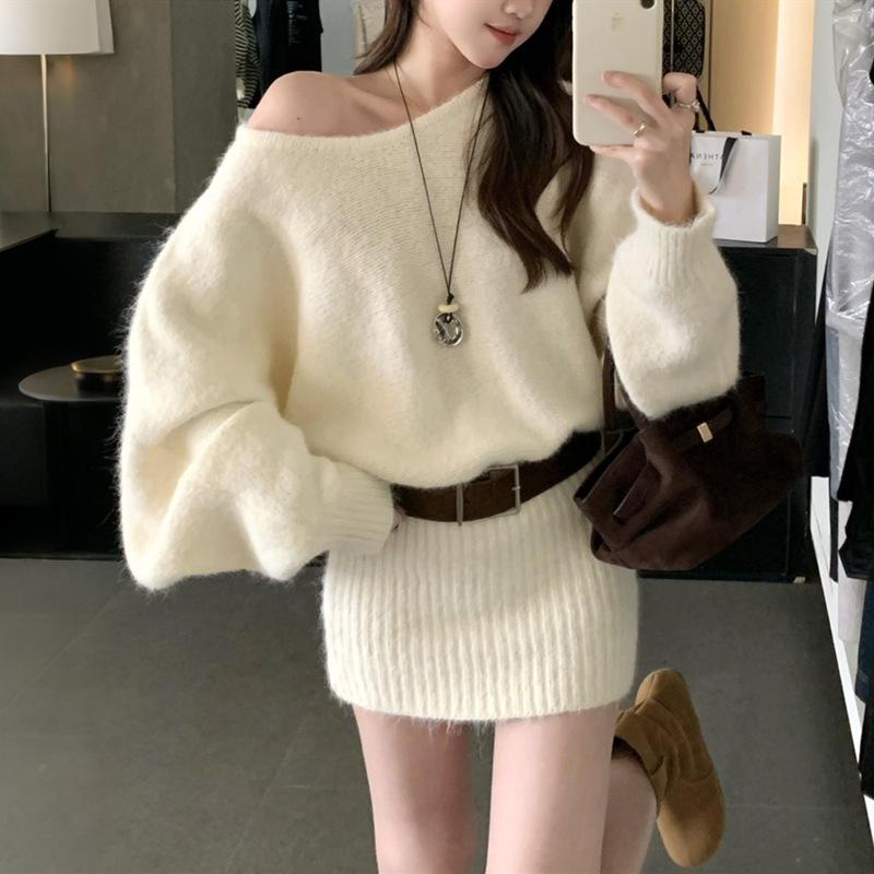 

Korean Style One-Shoulder Long-Sleeve Sweater Dress with Hip-Wrapping Skirt for Autumn/Winter 2025 One Size [80-120]