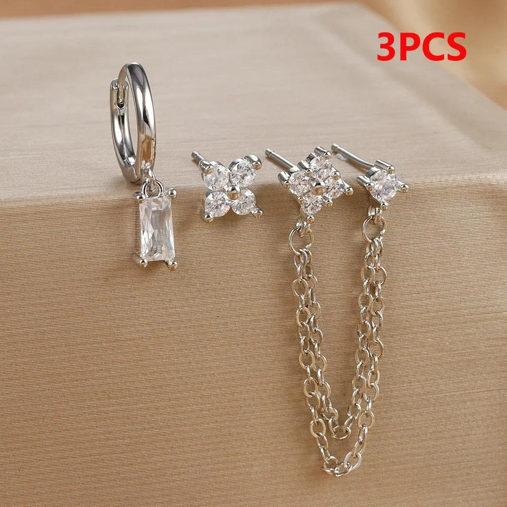 3pcs Set Charm Gold Color Stainless Steel Four-leaf Crystal Stud Earrings for Women Temperament Piercing Chain Jewelry Set Gift