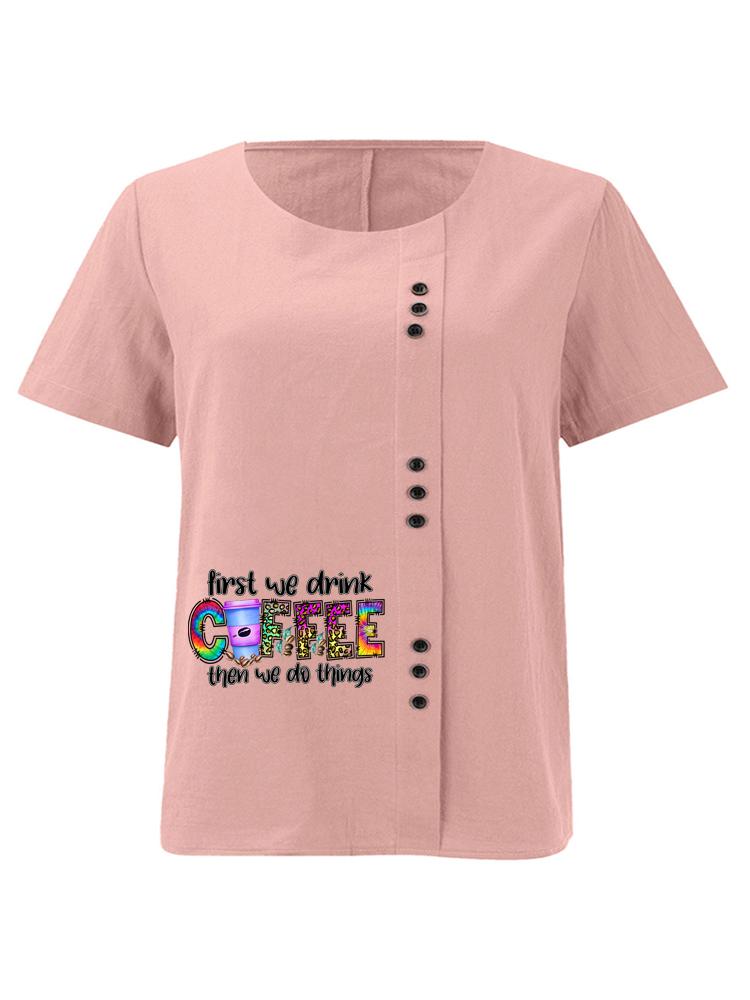 

Women s Fashion Coffee Alphabet Print Printing Shot Sleeve T-shirt Loose Cotton Shirt Casual Loose Summer Plus Size Blouse Tops S розовый