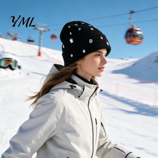 Täglicher Ausflug Warme Accessoires Bling Strass Strickmütze, Street Punk Strick Winter Stilvoll Kälteschutz Kopfbedeckung Beanie für Damen Herbst