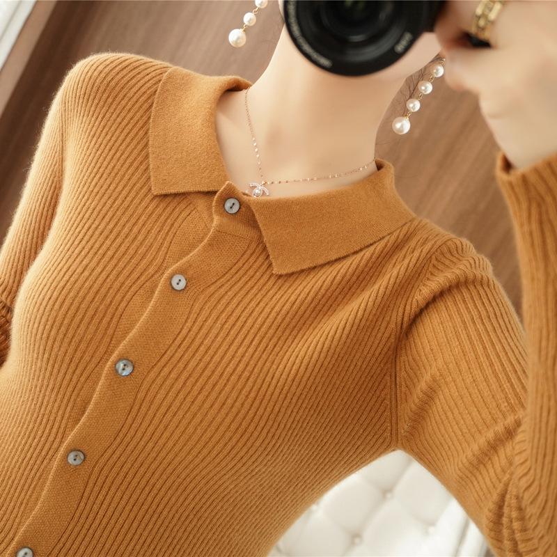 New Shirt Women's Long Sleeve Knitted Cardigan Jacket Slim-fit Large Size PO Neck Sweater Solid Color Button Top