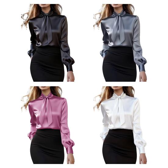 Women Shirt Stand Collar Lace-up Long Sleeve Satin Texture Shirt Solid Color Regular Fit Office Lady Shirt Spring Autumn Casual Tops