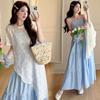 2026 Korean Style Maternity Summer Two-Piece: Irregular Lace Top & Blue Plaid Skirt
