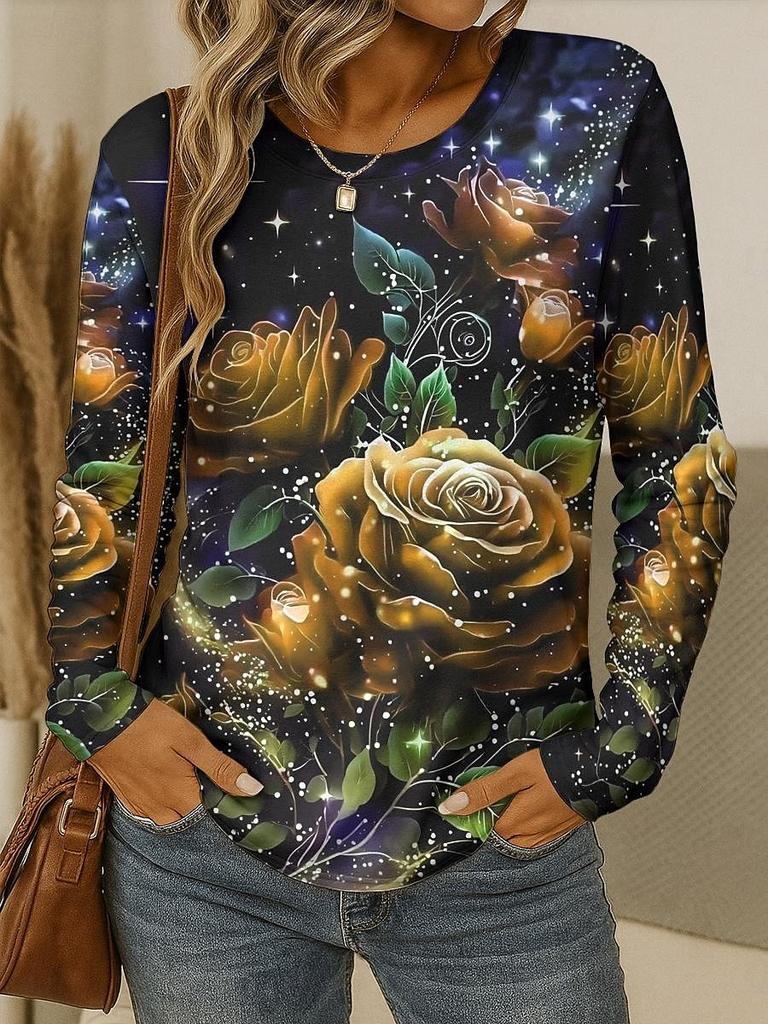 Damski T-shirt 3D Elegancki Wzór Kwiatowy Róży Modny Długi Rękaw Okrągły Dekolt Regularny Top Wakacje Weekend Wiosna Jesień