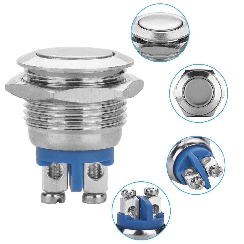 Conjunto de 5 Peças 16mm 250V Metal À Prova D'água 2 Pinos Mini Interruptor de Botão de Pressão(Cabeça chata)