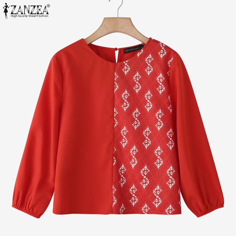 ZANZEA Women Print Patchwork Loose Casual O-neck Long Sleeve Blouse