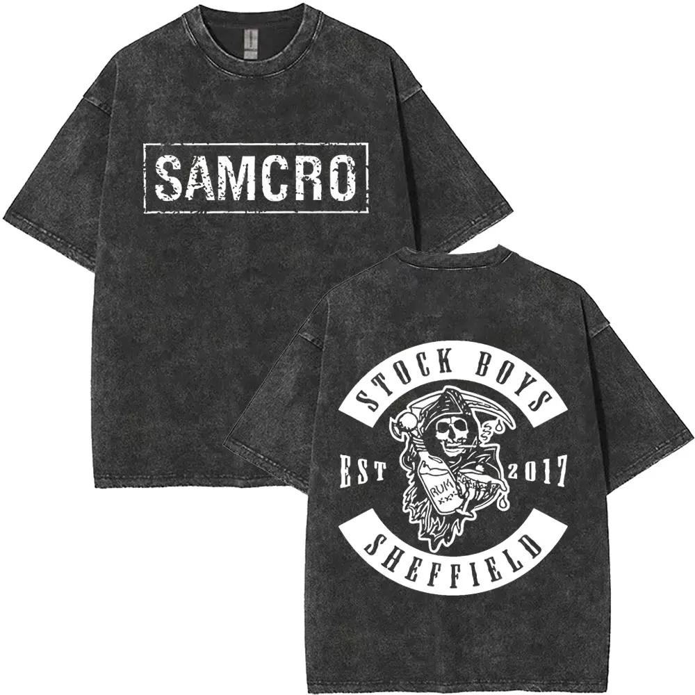 Hot Limited Anarchy Son Samcro Graphic Print Vintage Washed T-shirt Men Women Streetwear Skeleton Hip Hop Rock Casual Short Sleeve Loose Oversized Top