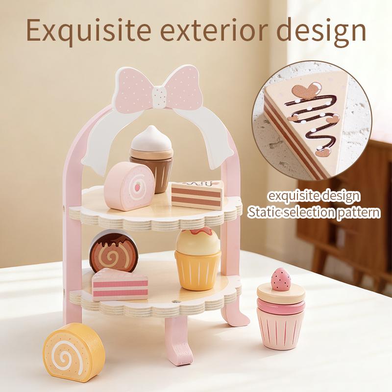 Wooden Double-Layer Dessert Stand Toy Set - Pink Bow Theme Children's Tea Party Pretend Play Toy Includes Cakes and Menu Cards