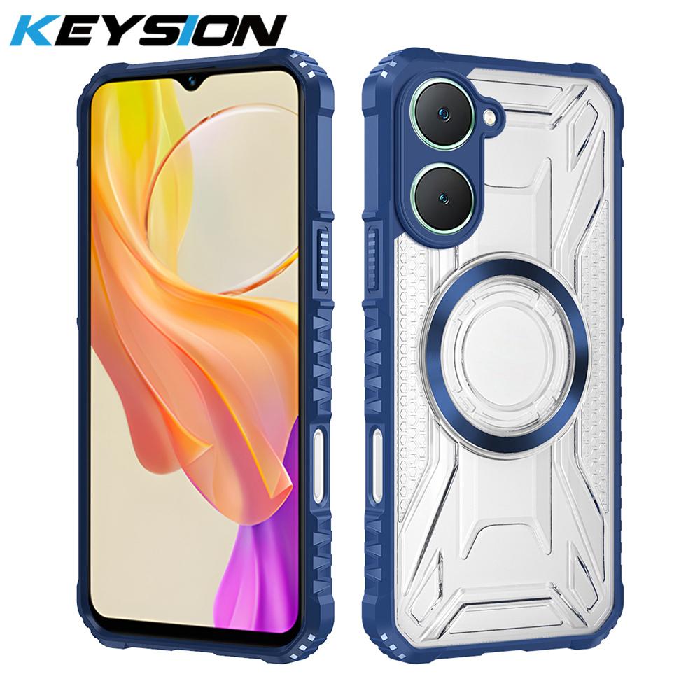 KEYSION Transparent Magnetic Case for VIVO Y03 Y03t Silicone+PC Heavy Duty Shockproof Phone Back Cover for VIVO Y18 Y18s Y28s 5G